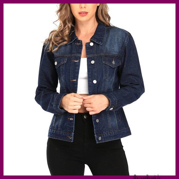 Women's Denim Jacket Button Up Long Sleeve with Pockets Trendy Fit
